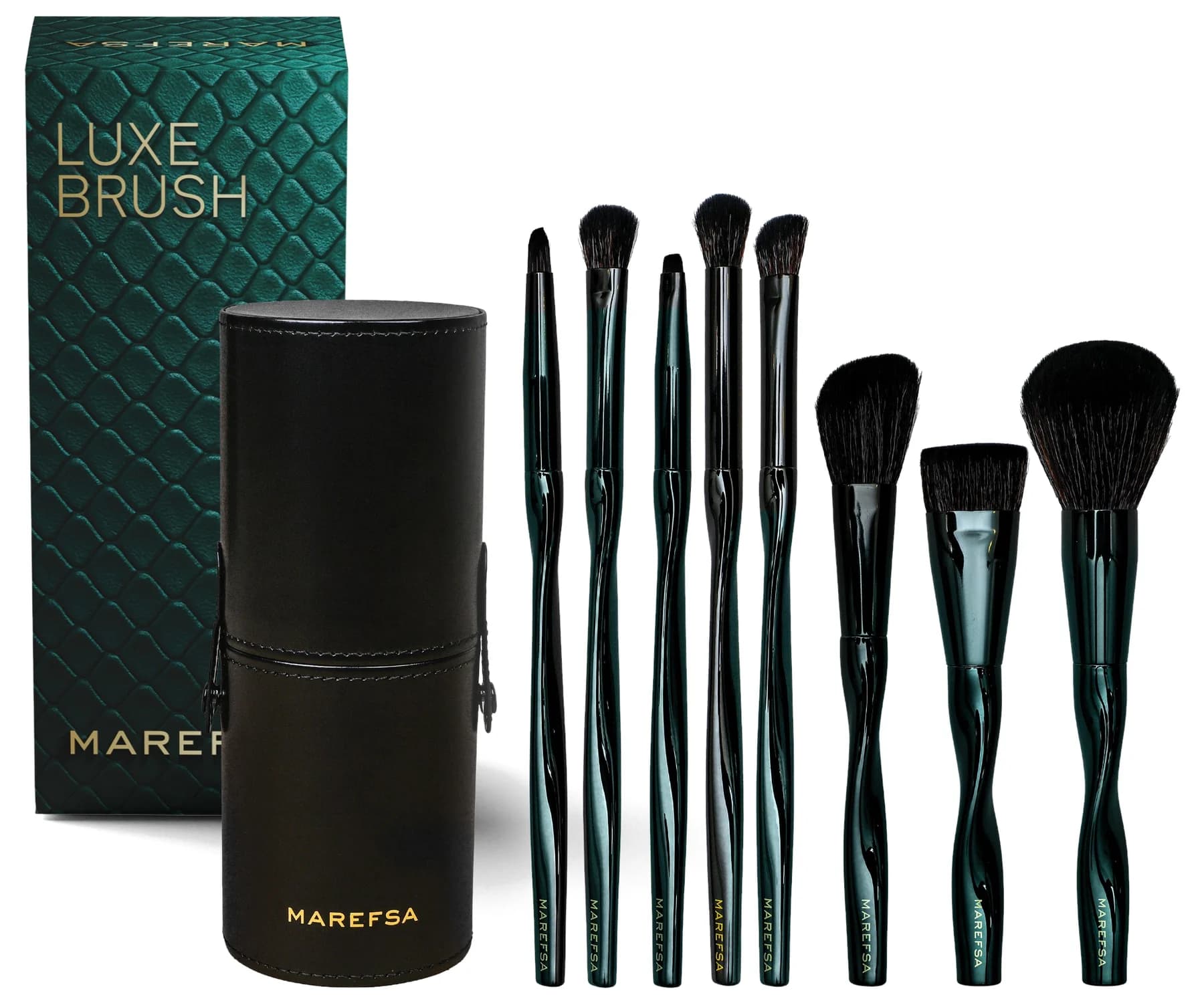 MAREFSA Signature Brush Set: emerald LUXE BRUSH gift box, black travel case and eight brushes with emerald handles